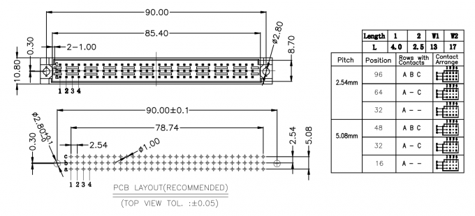 Le lancement 2.54mm 3*32P PLONGENT le connecteur 1 d'en-tête de la carte PCB 1000VAC/min